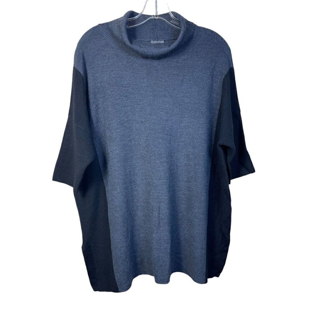 EILEEN FISHER Black & Gray Fine Merino Wool Turtleneck Short Sleeve Sweater M